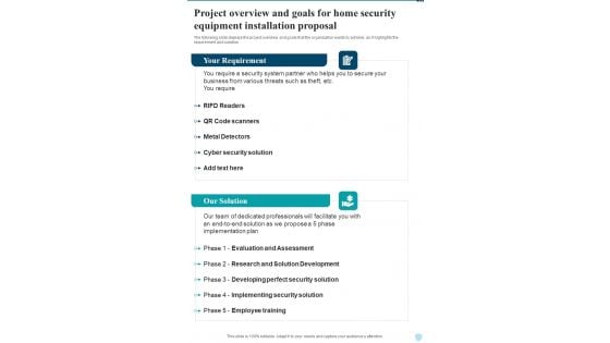 Project Overview And Goals For Home Security Equipment Installation One Pager Sample Example Document