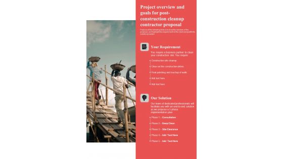 Project Overview And Goals For Post Construction Cleanup Contractor Proposal One Pager Sample Example Document Project Overview And Goals For Post Construction Cleanup Contractor Proposal One Pager Sample Example Document