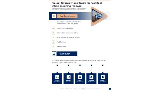 Project Overview And Goals For Post Real Estate Cleaning Proposal One Pager Sample Example Document