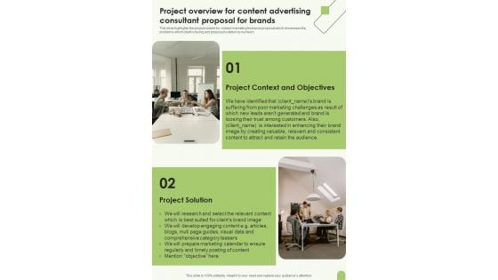 Project Overview For Content Advertising Consultant Proposal For Brands One Pager Sample Example Document Project Overview For Content Advertising Consultant Proposal For Brands One Pager Sample Example Document