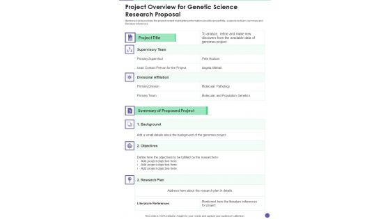 Project Overview For Genetic Science Research Proposal One Pager Sample Example Document