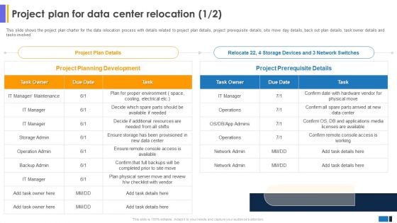 Project Plan For Data Center Relocation Data Center Migration Information Technology Icons PDF