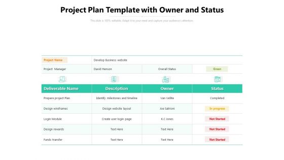 Project Plan Template With Owner And Status Ppt PowerPoint Presentation Gallery Tips PDF