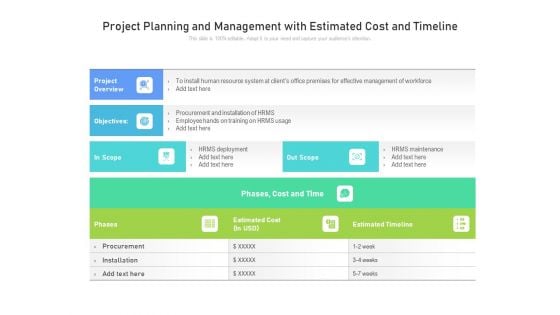 Project Planning And Management With Estimated Cost And Timeline Ppt PowerPoint Presentation Model Visual Aids PDF