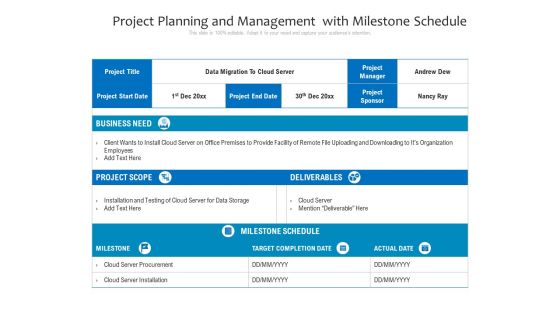 Project Planning And Management With Milestone Schedule Ppt PowerPoint Presentation Infographic Template Graphics Pictures PDF