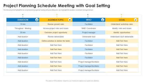 Project Planning Schedule Meeting With Goal Setting Ppt Styles Show PDF