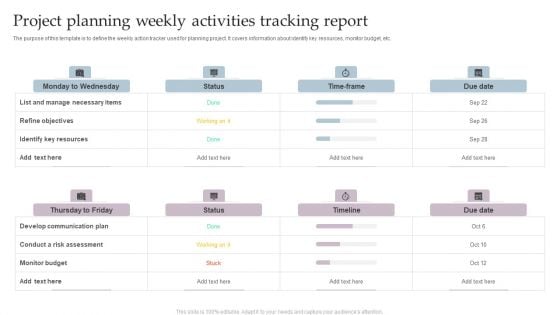 Project Planning Weekly Activities Tracking Report Inspiration PDF