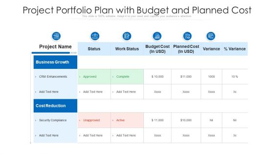 Project Portfolio Plan With Budget And Planned Cost Ppt Ideas Picture PDF