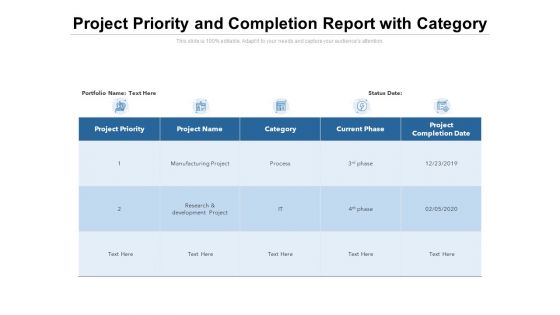 Project Priority And Completion Report With Category Ppt PowerPoint Presentation Background Designs PDF