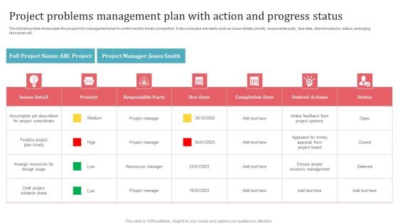 Project Problems Management Plan With Action And Progress Status Clipart PDF Project Problems Management Plan With Action And Progress Status Clipart PDF