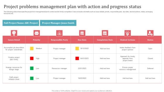 Project Problems Management Plan With Action And Progress Status Clipart PDF