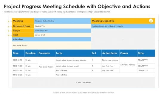 Project Progress Meeting Schedule With Objective And Actions Designs PDF