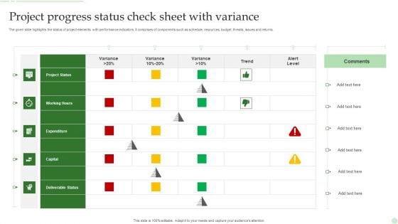 Project Progress Status Check Sheet With Variance Ppt PowerPoint Presentation File Themes PDF