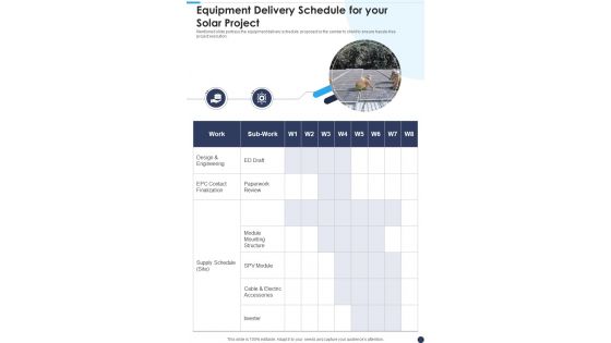 Project Proposal For Solar Panel Sales Equipment Delivery Schedule One Pager Sample Example Document