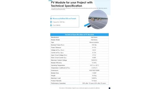 Project Proposal For Solar Panel Sales PV Module For Your Project One Pager Sample Example Document