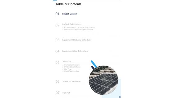 Project Proposal For Solar Panel Sales Table Of Contents One Pager Sample Example Document