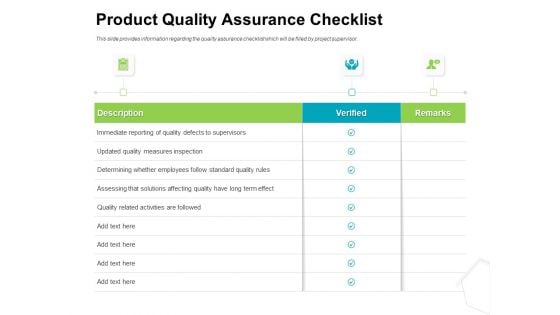 Project Quality Management Plan Product Quality Assurance Checklist Ppt Model Background Designs PDF