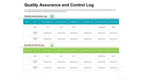 Project Quality Management Plan Quality Assurance And Control Log Topics PDF