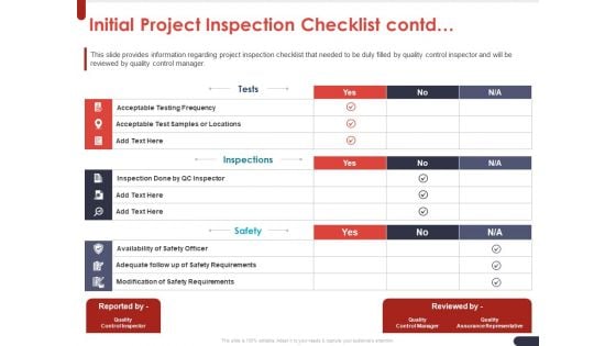 Project Quality Planning And Controlling Initial Project Inspection Checklist Contd Icons PDF