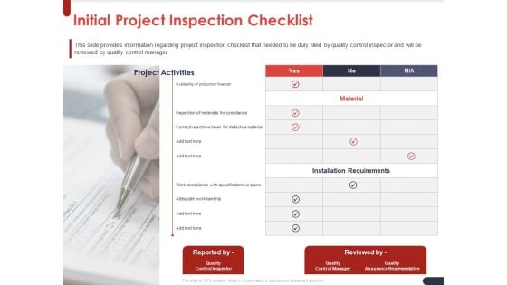Project Quality Planning And Controlling Initial Project Inspection Checklist Mockup PDF Project Quality Planning And Controlling Initial Project Inspection Checklist Mockup PDF