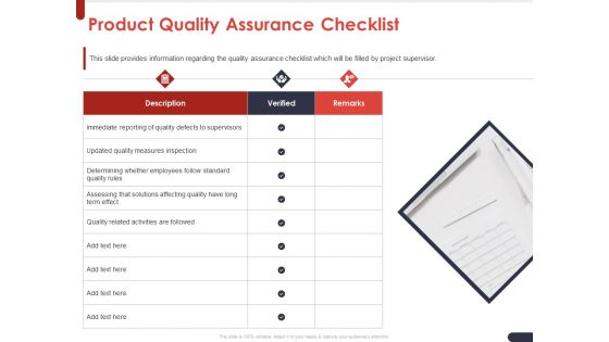 Project Quality Planning And Controlling Product Quality Assurance Checklist Ppt Pictures Example PDF