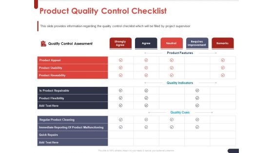 Project Quality Planning And Controlling Product Quality Control Checklist Ppt Styles Design Ideas PDF