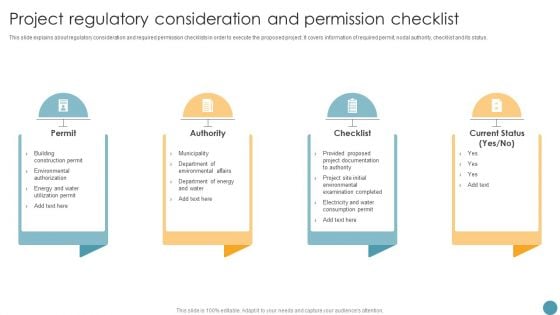 Project Regulatory Consideration And Permission Checklist Feasibility Analysis Report For Construction Project Infographics PDF