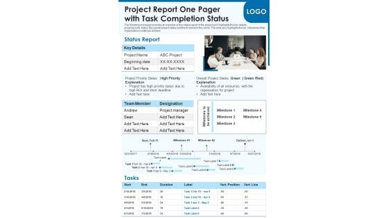 Project Report One Pager With Task Completion Status PDF Document PPT Template