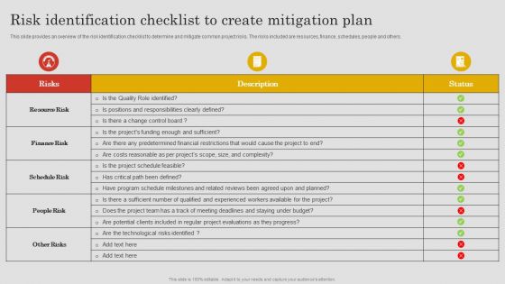 Project Risk Management And Reduction Risk Identification Checklist To Create Mitigation Plan Template PDF Project Risk Management And Reduction Risk Identification Checklist To Create Mitigation Plan Template PDF