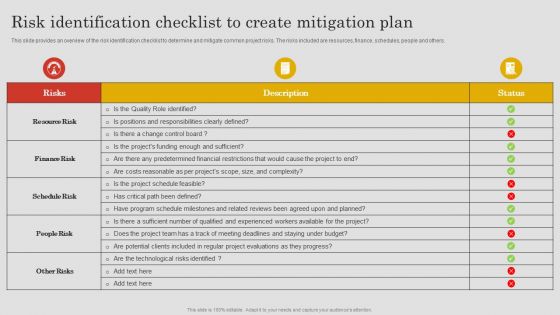 Project Risk Management And Reduction Risk Identification Checklist To Create Mitigation Plan Template PDF