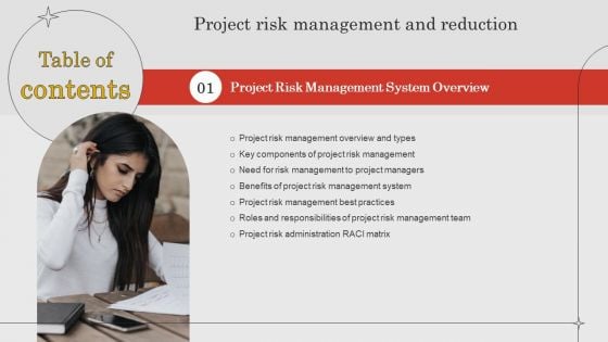 Project Risk Management And Reduction Table Of Contents Ppt PowerPoint Presentation File Backgrounds PDF