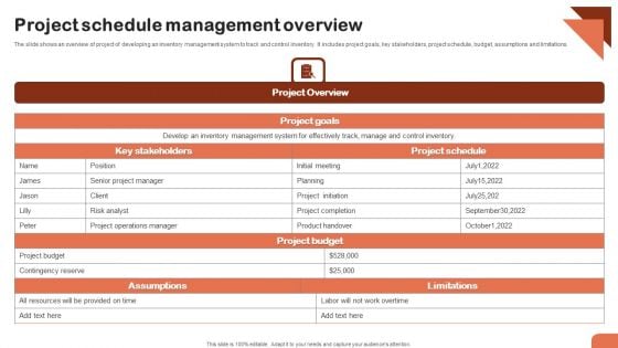 Project Schedule Management Overview Icons PDF