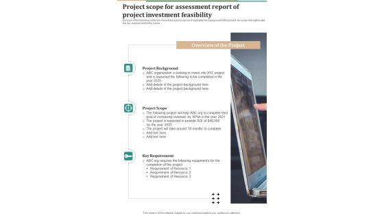 Project Scope For Assessment Report Of Project Investment Feasibility One Pager Sample Example Document Project Scope For Assessment Report Of Project Investment Feasibility One Pager Sample Example Document