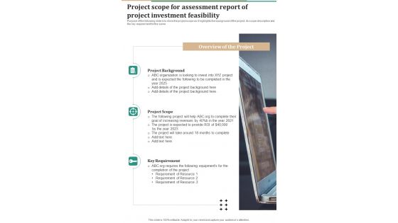 Project Scope For Assessment Report Of Project Investment Feasibility One Pager Sample Example Document