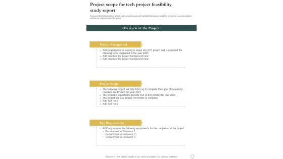 Project Scope For Tech Project Feasibility Study Report One Pager Sample Example Document