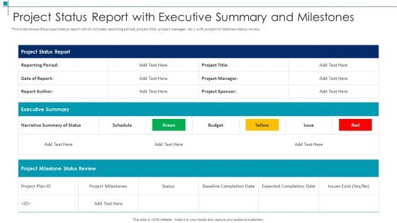 Project Scope Management Deliverables Project Status Report With Executive Summary And Milestones Clipart PDF