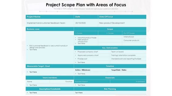 Project Scope Plan With Areas Of Focus Ppt PowerPoint Presentation Model Graphic Images PDF