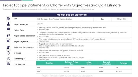 Project Scope Statement Or Charter With Objectives And Cost Estimate Sample PDF