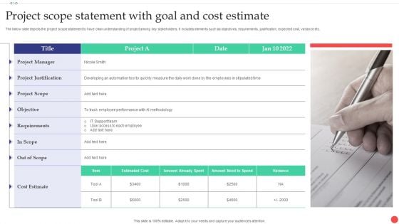 Project Scope Statement With Goal And Cost Estimate Clipart PDF