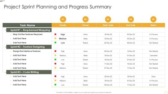 Project Sprint Planning And Progress Summary Structure PDF