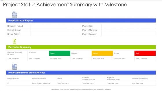 Project Status Achievement Summary With Milestone Background PDF