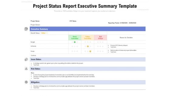 Project Status Report Executive Summary Template Ppt PowerPoint Presentation Gallery Good PDF