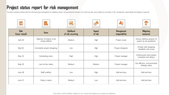 Project Status Report For Risk Management Brochure PDF