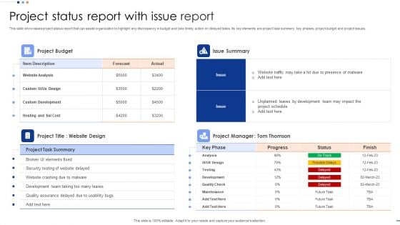 Project Status Report With Issue Report Pictures PDF