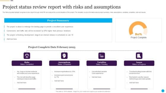 Project Status Review Report With Risks And Assumptions Diagrams PDF