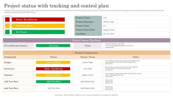 Project Status With Tracking And Control Plan Information PDF