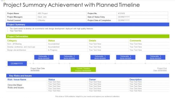 Project Summary Achievement With Planned Timeline Graphics PDF