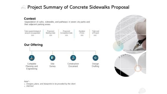 Project Summary Of Concrete Sidewalks Proposal Ppt PowerPoint Presentation Icon Background Image