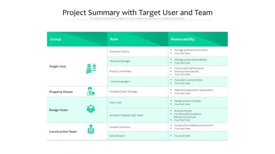 Project Summary With Target User And Team Ppt PowerPoint Presentation Inspiration Icon PDF