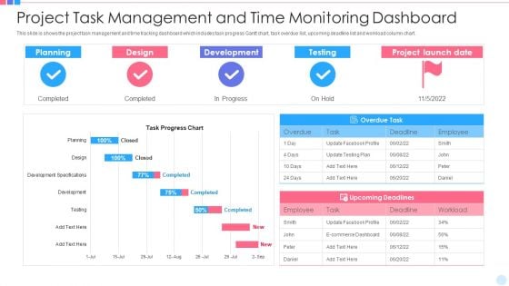 Project Task Management And Time Monitoring Dashboard Infographics PDF
